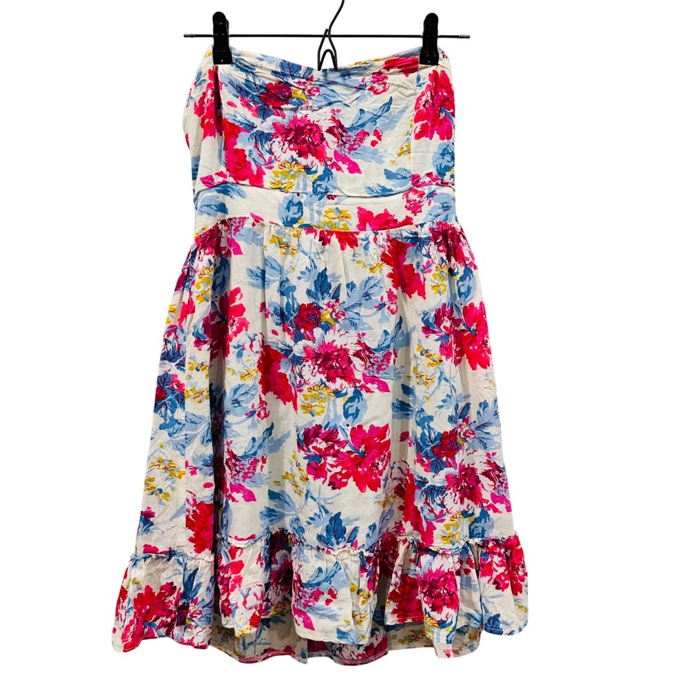 Annabella Strapless White‎ Floral Mini Dress Sweetheart Neckline Ruffle Hem - M